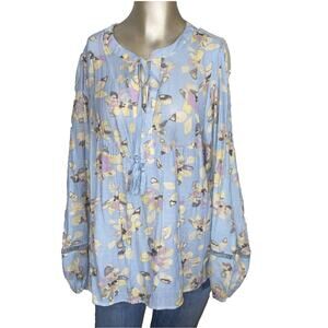 Zac & Rachel Size L Women Floral Front Tie Long Sleeve Textured Flowy Blouse